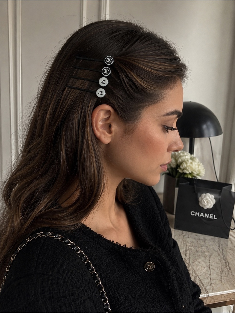CHANEL Black and White CC Logo Bobby Pin Set